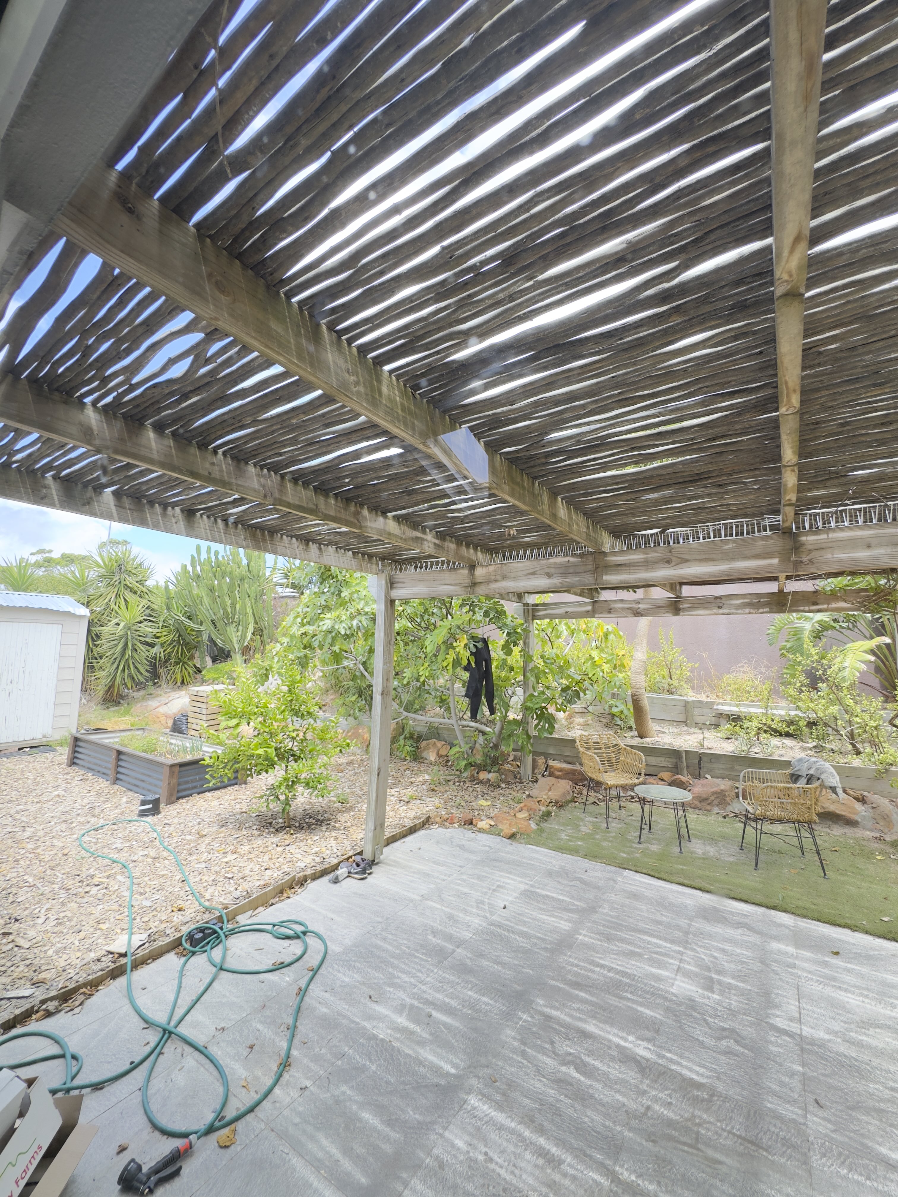 A covered reed slat pergola over the garden patio with raised veggie beds, fruit trees and a seating nook
